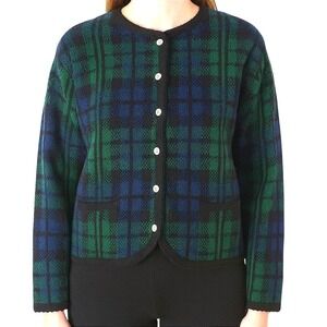 Vintage 80s Tally-Ho 100% Wool Knit Crewneck Cardigan Women L Tartan Plaid Green